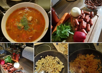 Rudenīgi karsta pupiņu tomātu zupa ar desiņām